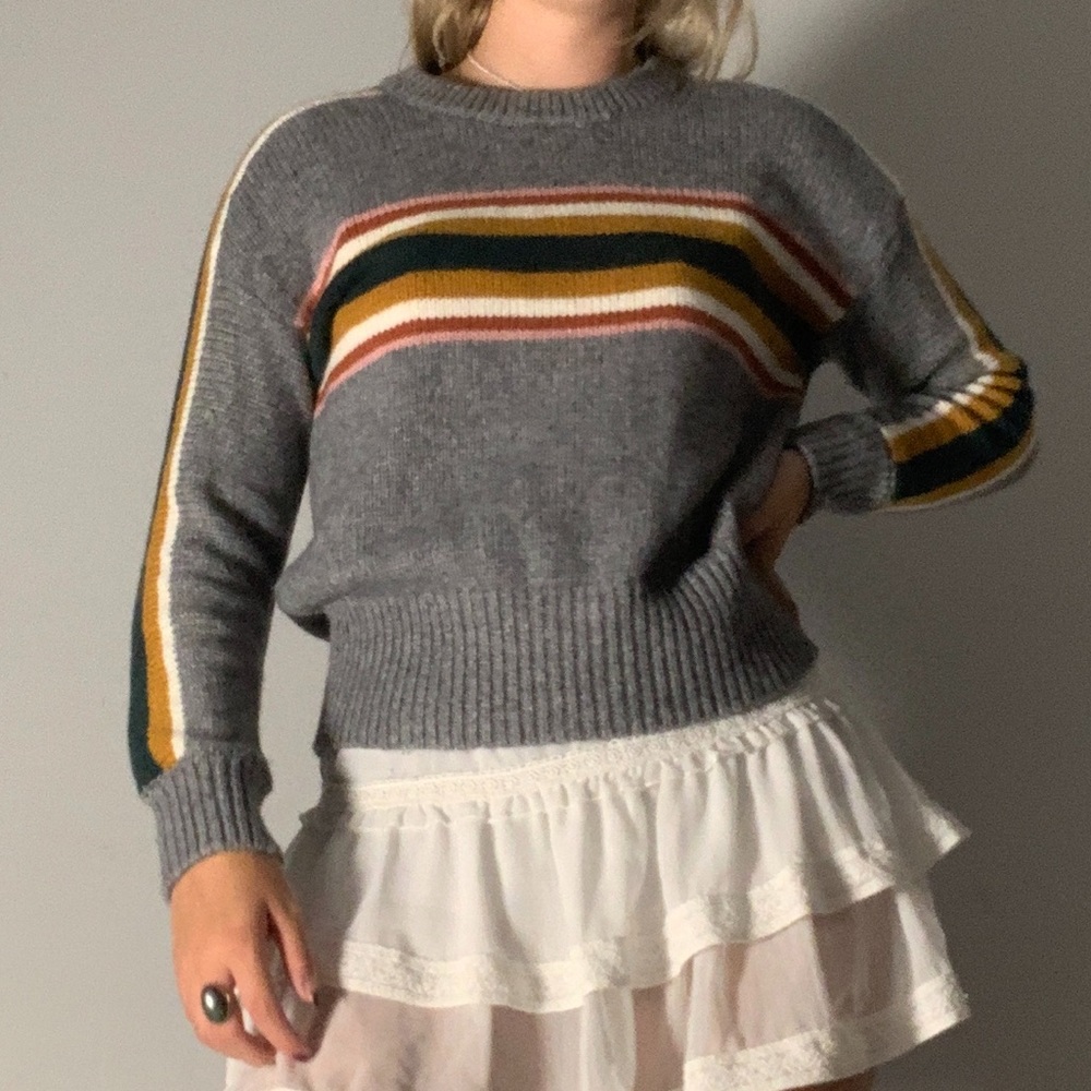 Cozy Grey striped crew neck sweater